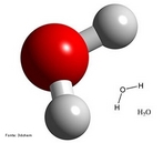 Representao de uma molcula de gua em 3D, identificando a ligao qumica, elementos qumicos e molculas envolvidos. <br/><br/> Palavras-chave: gua. Molcula. Oxignio. Foras intermoleculares.