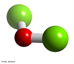 Representao tridimensional da molcula de xido de cloro I ou monxido de dicloro ou anidrido hipocloroso. <br/><br/> Palavras-chave: cido ou anidrido. xido. Molcula.