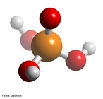 Representao em 3D de uma molcula de cido fosfrico que  um dos oxicidos do fsforo. Dentre os cidos minerais, pode ser considerado um cido mais fraco. A partir do cido fosfrico derivam-se o cido difosfrico ou pirofosfrico, o cido metafosfrico e o cido polifosfrico. <br/><br/> Palavras-chave: cido fosfrico. cido. Funes inorgnicas. Oxicidos.