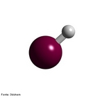 Representao da molcula de cido bromdrico em 3D. O cido bromdrico  normalmente usado para a produo de brometos inorgnicos, purificao de compostos alcxi e fenxi, substituio de grupos hidroxila, e a hidrobromao de alcenos. Tambm catalisa reaes de alquilao e a extrao de certos minrios. <br/><br/> Palavras-chave: cido bromdrico. Funes inorgnicas. Tabela peridica. Ligao qumica. 