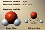 Imagem que apresenta a frmula molecular, a frmula estrutural e a representao dos modelos moleculares da gua. <br/><br/> Palavras-chave: gua. Substncia. Ligaes qumicas. Modelos moleculares.