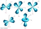 Ilustrao que mostra os orbitais d com seus eixos. Os orbitais d tem uma forma mais diversificada: quatro deles tm forma de 4 lbulos de sinais alternados (dois planos nodais, em diferentes orientaes espaciais), e o ltimo  um duplo lbulo rodeado por um anel (um duplo cone nodal). Seguindo a mesma tendncia, apresentam n-3 ns radiais. <br/><br/> Palavras-chave: Orbitais d. Distribuio eletrnica. Ligaes qumicas.