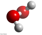 Representao da molcula de perxido de hidrognio, vulgo gua oxigenada, em 3D. O perxido de hidrognio que, em soluo aquosa,  conhecido comercialmente como gua oxigenada,  um lquido claro de frmula qumica H2O2.  Usado em clareamento de cabelos; como antissptico a 3%; usado junto com o perxido de benzola no tratamento da acne; no clareamento dental. na medicina veterinria. em processos de esterilizao a baixa temperatura, na forma de plasma. <br/><br/> Palavras-chave: Perxido de hidrognio. Funes qumicas. gua oxigenada. Molcula.