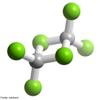 Representao de uma molcula de Al2Cl6 em 3D. O composto Al Cl3 existe na forma slida, sob o formar uma rede hexacoordenada. E se funde formando um dmero tetracoordenado, o Al2Cl6 pode se pulverizar, dissociando-se em temperatura mais elevada para formar uma espcie AlCl3 semelhante ao BF3. <br/><br/> Palavras-chave: Cloreto de alumnio. Molcula. Compostos clorados. Tabela peridica.