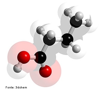 Molécula de ácido butanoico em 3D. O ácido butanoico (ou ácido butírico) é um ácido monocarboxílico, saturado, de cadeia aberta, com fórmula molecular C4H8O2, massa molecular 88 u, e de formula estrutural CH3-CH2-CH2-COOH. O nome usual ácido butírico é de origem grega: &#946;&#959;&#965;&#964;&#965;&#961;&#959;&#962; que significa "manteiga". É o componente orgânico encontrado na manteiga rançosa, sendo um dos responsáveis pelo seu odor e sabor peculiares. É formado após a ação de micro organismos sobre moléculas de gordura (triglicerídeos) presentes na manteiga. Está presente tanto em alguns queijos, quanto no vômito, o que caracteriza o odor azedo dos dois. <br/><br/> Palavras-chave: Ácido. Ácido butanoico. Funções químicas. Molécula.