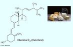Vitamina D é o nome geral dado a um grupo de compostos lipossolúveis que são essenciais para manter o equilíbrio mineral no corpo. É também conhecida como calciferol e vitamina antirraquítica. As formas principais são conhecidas como vitamina D2 (ergocalciferol: de origem vegetal) e vitamina D3 (colecalciferol: de origem animal). Dado que o colecalciferol é sintetizado na pele através da ação da luz ultra-violeta no 7-dehidrocolesterol, um derivado do colesterol que está distribuído de forma generalizada na gordura animal, a vitamina D não está de acordo com a definição clássica de vitamina. De qualquer modo, dado o número de factores que influenciam a síntese, tais como a latitude, a estação, a poluição aérea, a área de pele exposta, a pigmentação, a idade, etc., a vitamina D é reconhecida como um nutriente essencial da dieta. Principais fontes na natureza. As fontes naturais mais ricas em vitamina D são os óleos de fígado de peixe e os peixes de água salgada, tais como as sardinhas, o arenque, o salmão e a sarda. Os ovos, a carne, o leite e a manteiga também contêm pequenas quantidades. As plantas são fontes fracas e a fruta e os frutos secos não têm qualquer vitamina D. A quantidade de vitamina D no leite humano é insuficiente para cobrir as necessidades infantis. <br/><br/> Palavras-chave: Vitamina D. Calciferol. Vitaminas. Química orgânica. Bioquímica.