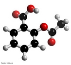 Representao da molcula de aspirina ou cido acetilsaliclico que  um frmaco do grupo dos anti-inflamatrios no-esteroides (AINE) e tambm um antiplaquetrio, utilizado como anti-inflamatrio, antipirtico, analgsico e inibidor da agregao das plaquetas sanguneas. <br/><br/> Palavras-chave: Aspirina. cido acetilsaliclico. Frmaco.