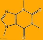 Representação da molécula de cafeína. A cafeína é um composto químico de fórmula C8H10N4O2 — classificado como alcaloide do grupo das xantinas e designado quimicamente como 1,3,7-trimetilxantina. É encontrado em certas plantas e usado para o consumo em bebidas, na forma de infusão, como estimulante. <br/><br/> Palavras-chave: Alcaloides. Estimulantes. Café. Base nitrogenada. Soluções. Misturas. 
