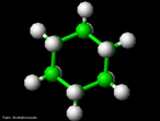 Representação tridimensional da molécula de cicloexano (ou ciclo-hexano, grafado algumas vezes como ciclohexano). Fórmula molecular: C6H12. Pode derivar da ciclização de compostos alifáticos, ou da redução com hidrogênio na presença de um catalisador e altas pressões de benzeno. O cicloexano também é utilizado como matéria-prima para a produção de cicloexanona e cicloexanol, os quais além de serem usados na fabricação de caprolactama e ácidos adipicos, possuem outras diversas aplicações como solvente. Destaca-se uma boa aceitação do cicloexano no processo de desidratação de álcool substituindo o benzeno, com muito menores problemas de toxicidade em relação a este último. Distingue-se dentro de seu usos como solvente: betume e ceras, borracha crua, solventes para éteres de celulose, extração de óleos essenciais, gorduras, solvente na indústria de plásticos (especialmente para resinas usadas em revestimentos de fios), óleos, removedor de pintura e verniz. <br/><br/> Palavras-chave: Cicloexano. Hidrocarbonetos. Funções químicas. Química orgânica. Solventes.
