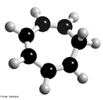Representação em 3D da molécula de cicloheptatrieno. Tropona ou 2,4,6-cicloheptatrieno-1-ona é um composto orgânico com alguma importância em química orgânica como um aromático não benzenóide (de estrutura derivada do benzeno).[2] O composto consiste de um anel de seis átomos de carbono com três grupos alquenos conjugados. O composto relacionado tropolona (2-hidroxi-2,4,6-cicloheptatrieno-1-ona) tem um grupo álcool (ou um enol incluindo a ligação dupla) próximo ao cetona. <br/><br/> Palavras-chave: Cicloheptatrieno. Molécula. Funções orgânicas.