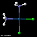 Representao tridimensional da molcula de Cisplatin, tambm chamado de platiran, cisplatinum, cis-diamminedichloroplatinum(II) (CDDP). Medicamento antineoplsico, usado no tratamento do cncer: tumores da cabea e pescoo, pulmo, esofagiano, tireide, mama, prstata, testculo, bexiga, colo do tero, ovrio, tumores germinativos, sarcomas, linfomas, neuroblastoma e melanoma maligno. Nomenclatura IUPAC: (SP-4-2)-diamminedichloroplatinum. Frmula Molecular: H6Cl2N2Pt. Massa Molar:300,05 g/mol. <br/><br/> Palavras-chave: Molculas. Cisplatin. Substncias qumicas. Medicamentos. Drogas.