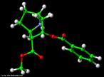 Representao tridimensional da molcula de Cocana ou benzoilmetilecgonina ou ster do cido benzoico.  uma droga alcaloide, derivada do arbusto Erythroxylum coca Lamarck, estimulante com alto poder de causar dependncia. Seu uso continuado, pode levar a dependncia, hipertenso arterial e distrbios psiquitricos. A produo da droga  realizada atravs de extrao, utilizando como solventes lcalis, cido sulfrico, querosene e outros. Nomenclatura IUPAC: 3-benzoiloxi-8-metil-8-azabiciclo. [3.2.1]octano-4-carboxilico. Frmula Molecular: C17H21NO4. Massa Molar: 303,353 g/mol. <br/><br/> Palavras-chave: Molculas. Cocana. Substncias qumicas. Medicamentos. Drogas.