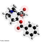 Representao da molcula de cocana em 3D. Cocana, benzoilmetilecgonina ou ster do cido benzoico  um alcaloide usado como droga, derivada do arbusto Erythroxylum coca, com efeitos anestsicos e cujo uso continuado, pode causar outros efeitos indesejados como dependncia, hipertenso arterial e distrbios psiquitricos. A produo da droga  realizada atravs de extrao, utilizando como solventes lcalis, cido sulfrico, querosene e outros. <br/><br/> Palavras-chave: Cocana. Drogas. Molcula.