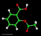 Representação tridimensional da molécula de Ácido Acetilsalicílico - AAS é um medicamento utilizado como anti-inflamatório, antipirético, analgésico. É, em estado puro, um pó de cristalino branco ou cristais incolores, pouco solúvel na água, facilmente solúvel no álcool e solúvel no éter. A origem do nome Aspirina: o A vem de acetil. Spir se refere a Spiraea ulmaria (planta que fornece o ácido salicílico). E o in era um sufixo utilizado na época. Aspirina, em alguns países, é ainda nome comercial registrado, propriedade dos laboratórios farmacêuticos da Bayer para o composto ácido acetilsalicílico. No entanto, é igualmente reconhecido como nome genérico do princípio activo, e é por esse nome que é habitualmente referida na literatura farmacológica e médica. É o medicamento mais conhecido e consumido em todo o mundo. Em 1999 a Aspirina completou 100 anos. Nomenclatura IUPAC: ácido 2-acetoxibenzóico. Fórmula molecular: C9H8O4. Massa Molar: 180,157 g/mol. <br/><br/> Palavras-chave: Moléculas. Ácido acetilsalicílico. AA. Aspirina. Substâncias químicas. Medicamentos. Drogas.