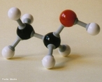 Modelo representando uma molcula de etanol,  uma substncia orgnica obtida da fermentao de acares, hidratao do etileno ou reduo a acetaldedo, encontrado em bebidas como cerveja, vinho e aguardente, bem como na indstria de perfumaria. O abuso deste composto afeta muitos sistemas de rgos, causando tanto efeitos agudos como crnicos. Sendo um depressor do SNC (ao direta), o etanol diminui a sua atividade: facilita a ao do maior neurotransmissor depressor no crebro (GABA) e inibe a ao do maior neurotransmissor excitatrio do crebro (glutamato). Atuando especificamente sobre estes receptores, o etanol abranda o funcionamento do sistema nervoso. De todos os sistemas do corpo, o sistema cardiovascular  aquele em que o etanol pode ter simultaneamente efeitos positivos e negativos. No fgado, o excesso de etanol conduz a trs diferentes desordens patolgicas: fgado gordo (esteatose heptica), hepatite alcolica e cirrose. O consumo excessivo de lcool  a principal causa da pancreatite crnica. Contudo, os mecanismos pelos quais o etanol a causa ou sensibiliza o pncreas para ser alvo de dano por outros factores no so conhecidos. O lcool etlico consegue ainda perturbar os numerosos processos regulatrios que permitem aos rins funcionarem de forma normal - altera a estrutura e a funo renal, assim como anula a sua capacidade em manter a composio de fluidos e electrlitos no corpo. O etanol pode, em parte, contribuir para a supresso da atividade reprodutora dos machos, por atrofia testicular, disfuno dos rgos reprodutores acessrios, supresso da espermatognese e infertilidade. Pode tambm ter influncia direta no crescimento e desenvolvimento da criana - a criana pode nascer com Sndrome Fetal Alcolica (FAS). O etanol  uma droga capaz de originar tolerncia e um alto grau de dependncia, tanto fsica como psicolgica. <br/><br/> Palavras-chave: Etanol. Molcula. Funes qumicas.