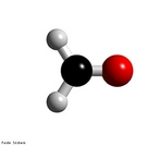 Representação de uma molécula de formaldeído em 3D. O formaldeído é um dos mais comuns produtos químicos de uso atual. É o aldeído mais simples, de fórmula molecular H2CO e nome oficial IUPAC metanal. <br/><br/> Palavras-chave: Formaldeído. Metanal. Funções orgânicas. Molécula.