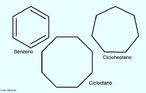 Imagem de Hidrocarbonetos de Cadeia Cíclica, dois saturados - cicloheptano e cicloctano, e um de cadeia insaturada, benzênica ou aromática, o benzeno. <br/><br/> Palavras-chave: Hidrocarbonetos. Cadeia cíclica. Cicloctano. Cicloheptano. Benzeno. Química orgânica.