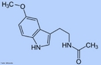 Representao da molcula de melatonina em 3D.  um hormnio produzido por diversos animais e plantas. Em animais superiores,  o produto de secreo da glndula pineal. Quimicamente,  uma indolamina sintetizada a partir do triptofano (aminocido essencial encontrado nas protenas) e, devido ao seu carter anfiflico, pode atravessar facilmente as membranas celulares por difuso. Em consequncia, a melatonina no  armazenada no interior do pinealcito e  imediatamente liberada dentro dos capilares sanguneos que irrigam a glndula pineal aps a sua formao. <br/><br/> Palavras-chave: Melatonina. Molcula. Antioxidante.