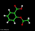 Representao da molcula da aspirina ou cido acetilsaliclico  um frmaco do grupo dos anti-inflamatrios no-esteroides (AINE) e tambm um antiplaquetrio, utilizado como anti-inflamatrio, antipirtico, analgsico e inibidor da agregao das plaquetas sanguneas. <br/><br/> Palavras-chave: Aspirina. Molcula. cido. Funes qumicas.