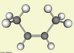 Molécula que representa o cis-2-buteno. Os 2-butenos podem ser obtidos por metátese em presença de um catalisador a partir de propeno. <br/><br/> Palavras-chave: Isomeria. Química do carbono. Hidrocarbonetos.