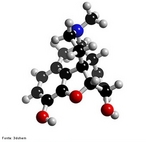 Representação de uma molécula de morfina, que é um fármaco narcótico do grupo dos opioides, e é usado no tratamento sintomático da dor. Ela está presente no ópio. <br/><br/> Palavras-chave: Morfina. Molécula. Narcótico. Dor.