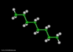 Representação tridimensional da molécula de octano (ou n-octano) é um alcano com a fórmula química CH3(CH2)6CH3, e tem 18 isômeros estruturais ou 25 incluindo os estereoisômeros. O isômero mais importante é o 2,2,4-trimetilpentano (geralmente chamado isoctano) porque foi selecionado como ponto de referência 100 para a escala de octanagem, na qual o heptano tem o ponto de referência 0. <br/><br/> Palavras-chave: Octano. Hidrocarbonetos. Funções químicas. Química orgânica.