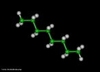 Representao tridimensional da molcula de octano (ou n-octano)  um alcano com a frmula qumica CH3(CH2)6CH3, e tem 18 ismeros estruturais ou 25 incluindo os estereoismeros. O ismero mais importante  o 2,2,4-trimetilpentano (geralmente chamado isoctano) porque foi selecionado como ponto de referncia 100 para a escala de octanagem, na qual o heptano tem o ponto de referncia 0. <br/><br/> Palavras-chave: Octano. Hidrocarbonetos. Funes qumicas. Qumica orgnica.