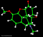 Representação tridimensional da molécula de Oxicodona. É um medicamento opiáceo analgésico potencialmente viciante sintetizado a partir da tebaína. Normalmente prescrito para o tratamento da dor em pacientes com câncer. Foi desenvolvida em 1916 na Alemanha e introduzina no mercado farmacêutico com a marca Eukodal® e Dinarkon®. Seu nome químico é derivado da codeína, pois as suas estructuras químicas são bastante semelhantes. Nomenclatura IUPAC: 4,5α-epoxy-14-hydroxy-3-methoxy-17-methylmorphinan-6-one. Fórmula Molecular: C18H21NO4. Massa Molar: 315,364 g/mol. <br/><br/> Palavras-chave: Moléculas. Oxicodona. Substâncias químicas. Medicamentos. Drogas.