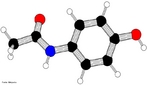 Desenho representando a molécula de paracetamol. A origem das palavras acetaminofeno e paracetamol tem a ver com a nomenclatura usada em química orgânica: N-acetil-para-aminofenol e para-acetil-aminofenol. <br/><br/> Palavras-chave: Paracetamol. Funções químicas. Molécula. Substância.