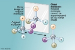 Ilustrao que mostra uma molcula com sua imagem especular. Um objeto ou um sistema  quiral se no pode ser sobreposto  sua imagem especular. Um objeto quiral e a sua imagem especular so designados enantiomorfos (termo de origem grega significando formas opostas) ou, quando referindo-se a molculas, enantimeros. Um objeto no-quiral  designado aquiral e pode ser sobreposto  sua imagem especular. <br/><br/> Palavras-chave: Quiralidade. Isomeria. Ismeros pticos. Imagem no espelho.