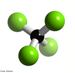 Representação em 3D da molécula de tetracloreto de carbono. É um composto orgânico com a fórmula química CCl4. É um reagente usado na química sintética e foi muito usado como agente extintor e como agente refrigerante. O tetracloreto de carbono é um líquido incolor com um cheiro adocicado e característico, que pode ser detectado a baixas concentrações. <br/><br/> Palavras-chave: Tetracloreto de carbono. Molécula. Tabela periódica.