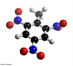 O Trinitrotolueno (TNT)  um explosivo.  preparado pela nitrao do tolueno (C6H5CH3), tendo a frmula qumica C6H2CH3(NO2)3. Molcula em 3D. <br/><br/> Palavras-chave: TNT. Trinitrotolueno. Explosivo. Nitrao do tolueno.