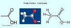 Estrutura do cido actico representada em trs dimenses e plano, com destaque ao grupo funcional carboxila. cido fraco que se apresenta como lquido incolor, com forte cheiro a vinagre, solvel em gua em todas as propores.  um produto corrosivo que deve ser manipulado com cuidado, pois pode causar graves irritaes na pele, nos olhos ou nas vias respiratrias. Os seus vapores so inflamveis, pelo que os frascos devem ser mantidos afastados das chamas. <br/><br/> Palavras-chave: cido actico. cido etanoico. cidos carboxlicos. Estrutura dos cidos orgnicos carboxlicos.